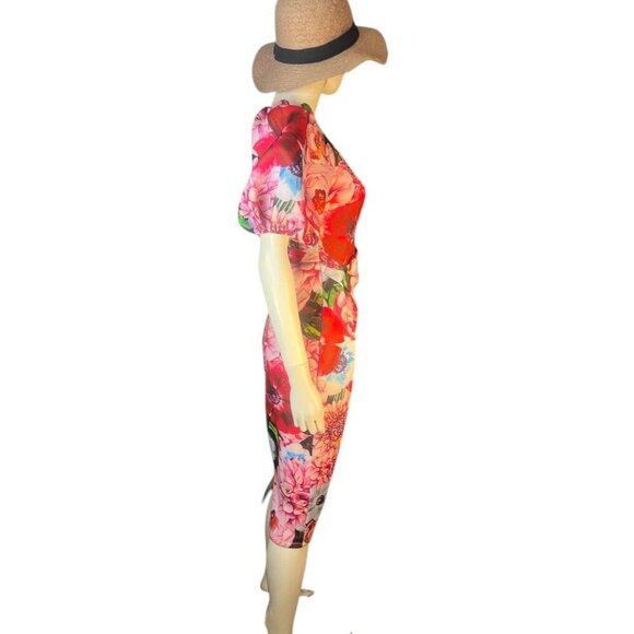 ASOS asymmetrical puff sleeve floral neoprene dress exaggerated hips sz 6 - Picture 7 of 10